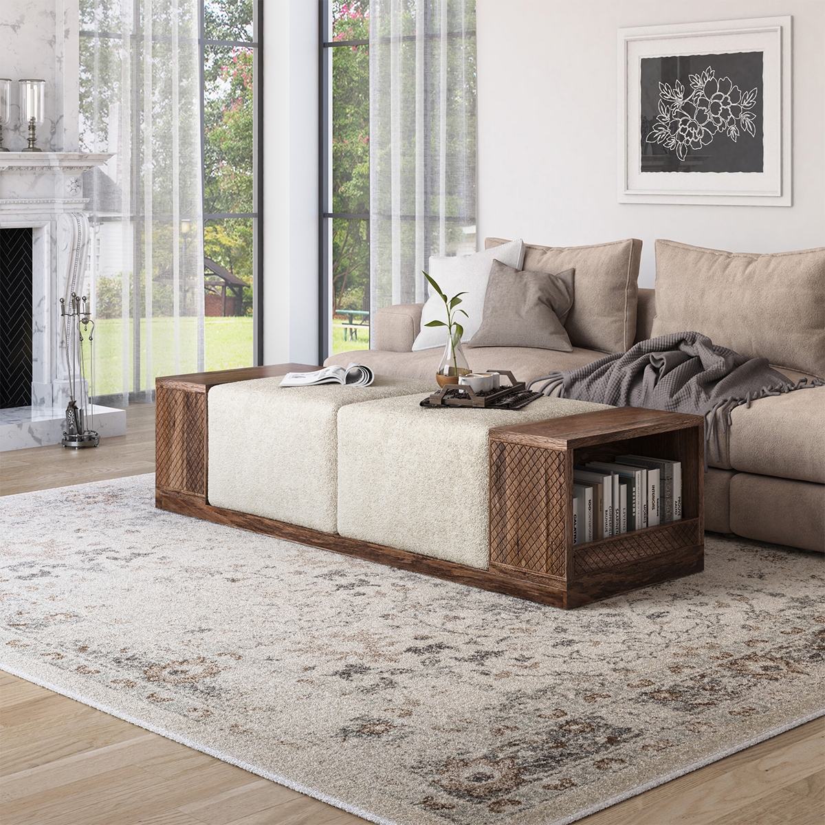 Ottoman Coffee Table with Diamond Carving and 72 Inch Length