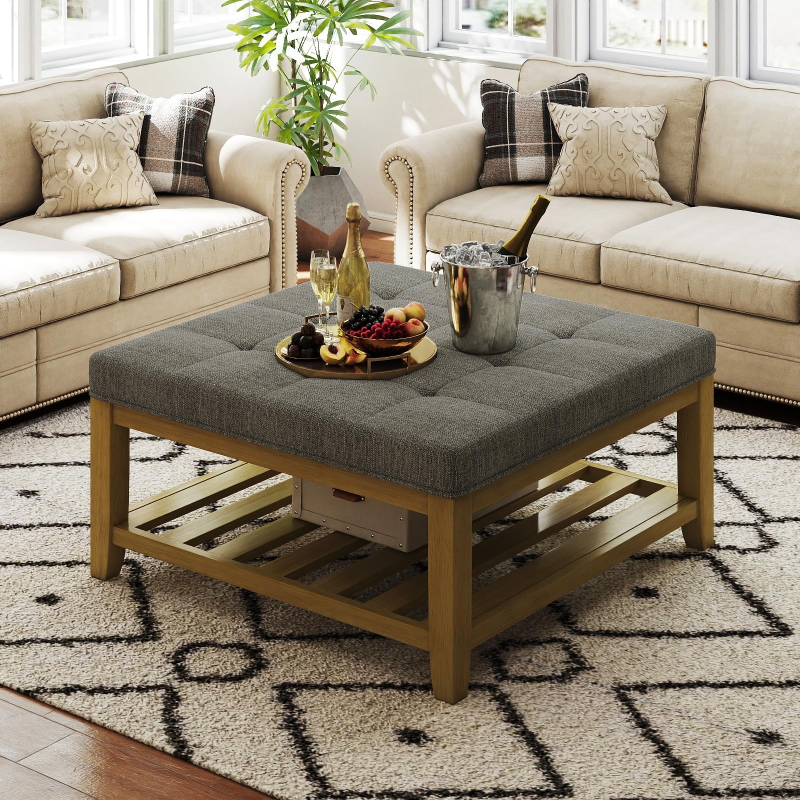 Ottoman Coffee Table with Granite Grey Tufted Fabric Top
