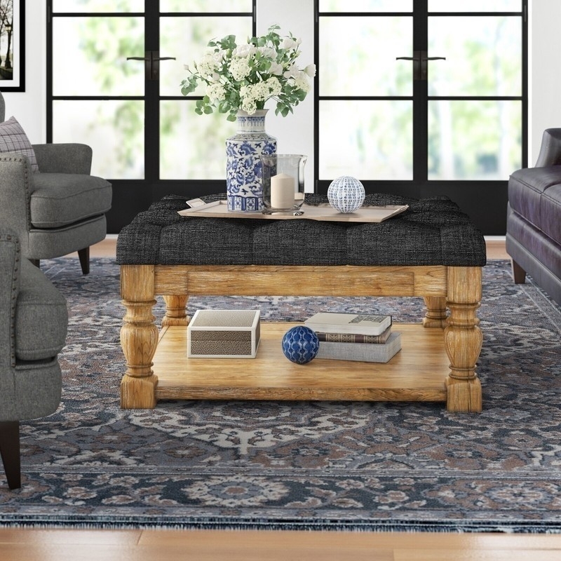 Ottoman Coffee Table with Turned Wood Legs and Lower Tier Shelf
