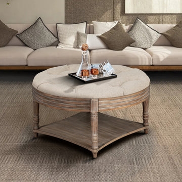 Ottoman Coffee Table with Two Tier Round Top and Weathered Wood