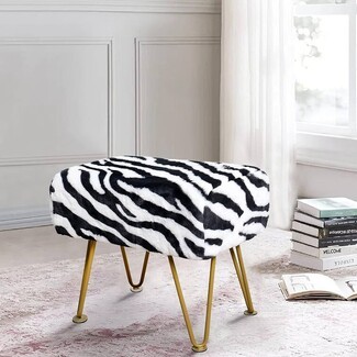 Ottoman Stool Golden Hairpin Leg Zebra Faux Fur Seat