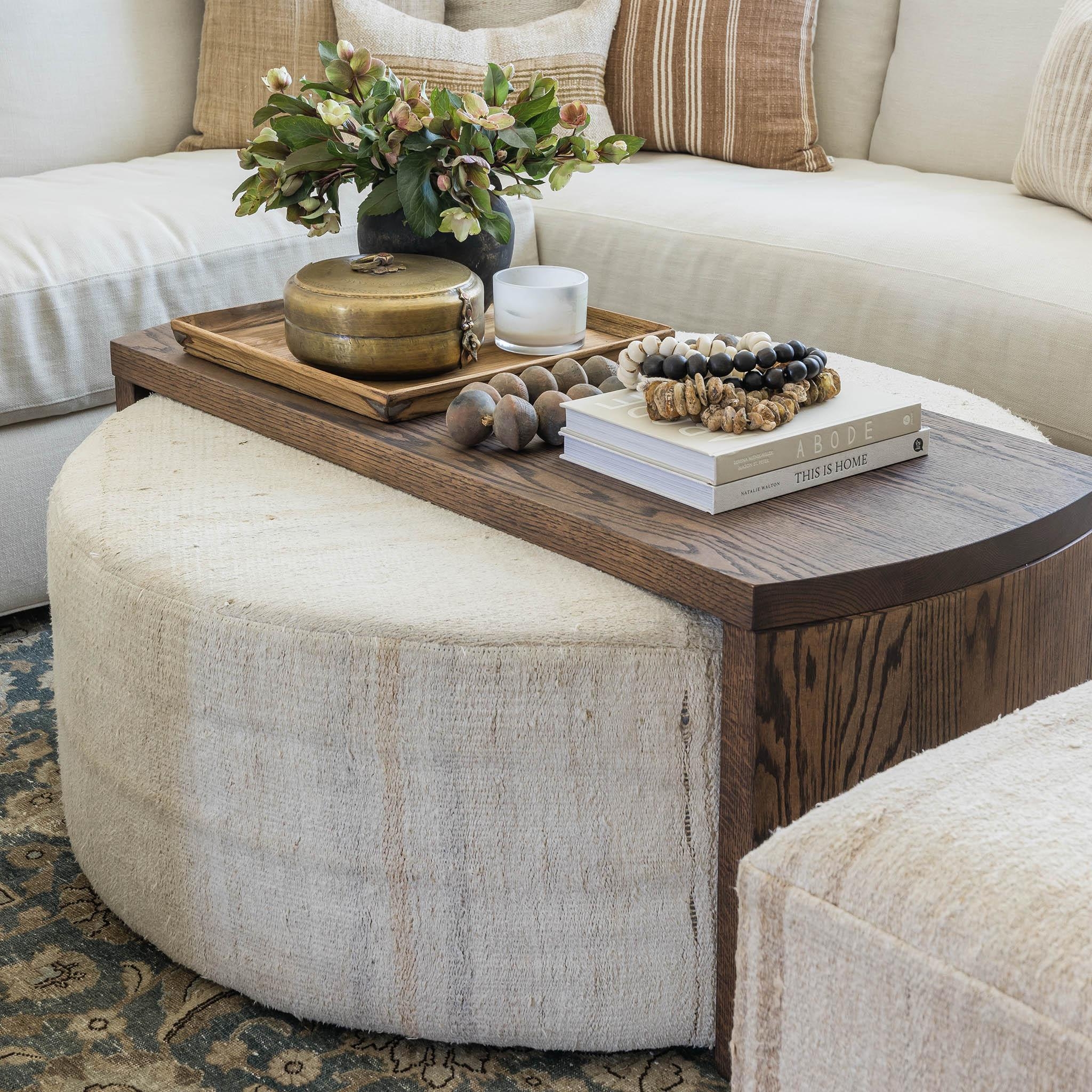 Ottoman Table Overlay with Waterfall Edge and Wood Grain Texture