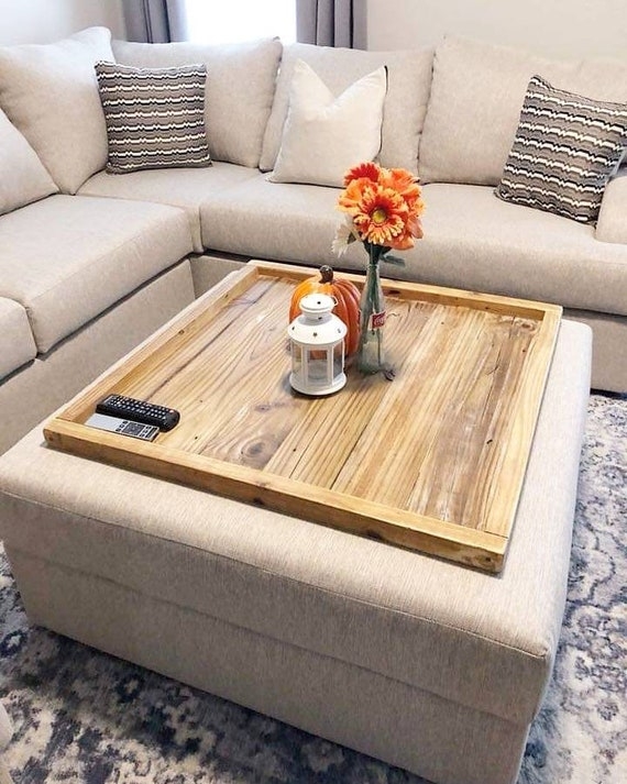 Ottoman Tray featuring Oversized Square Planked Wood Surface