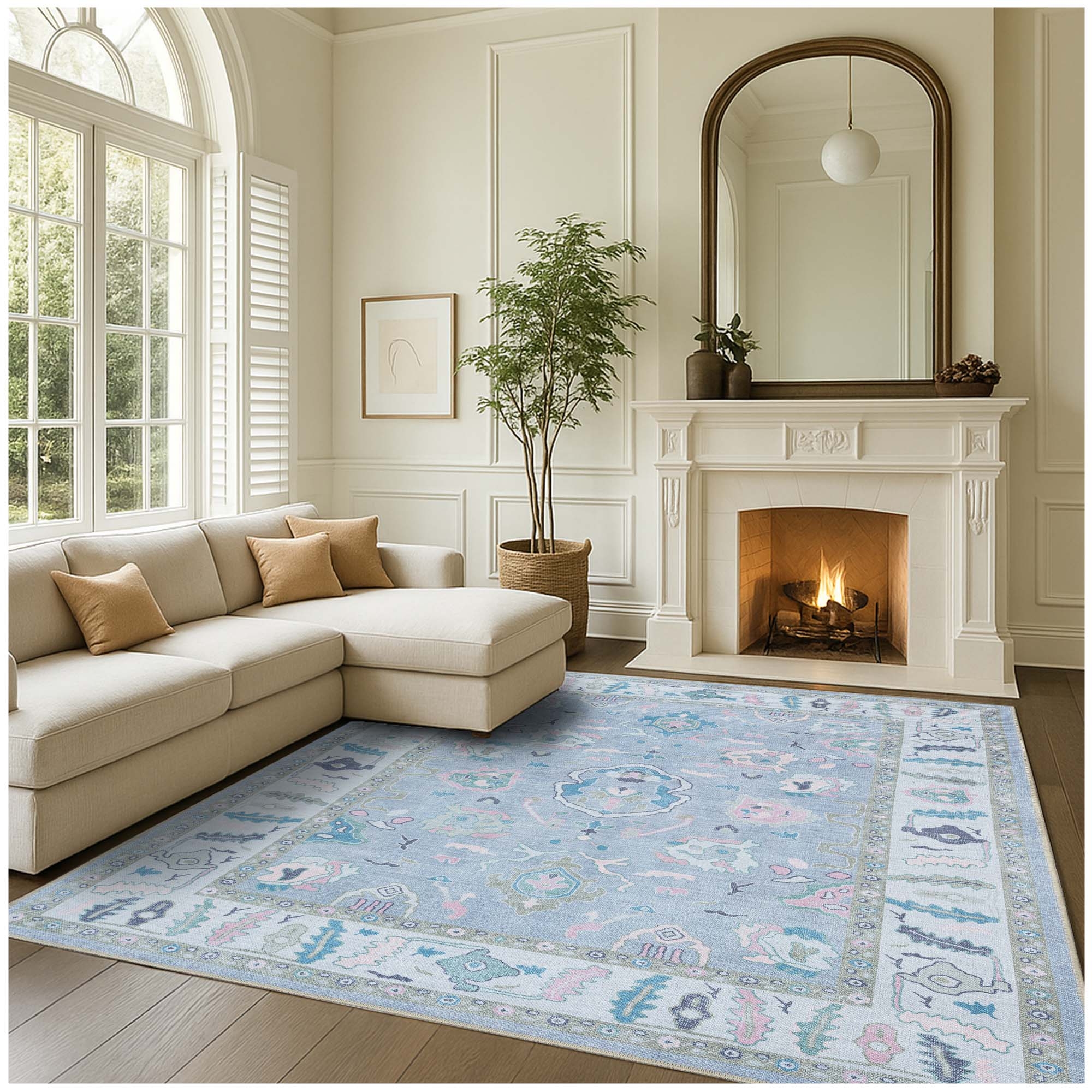 Oushak Rug Pastel Blue Base Modern Turkish Living Room Rug