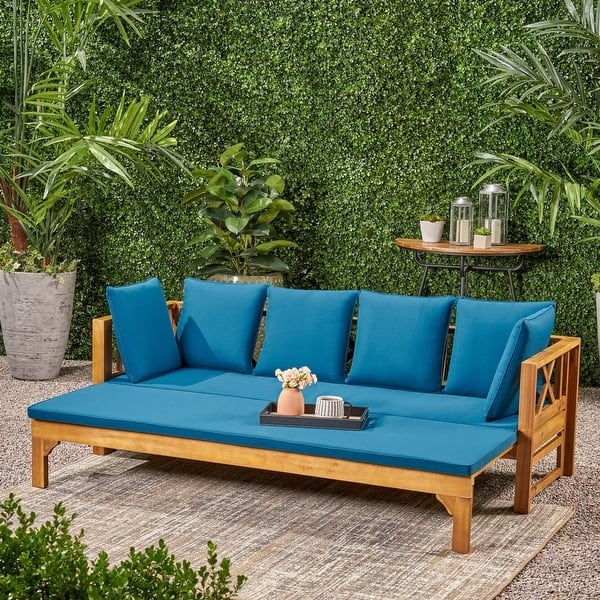 Outdoor Daybed Extendable Acacia Wood with Teal Cushions