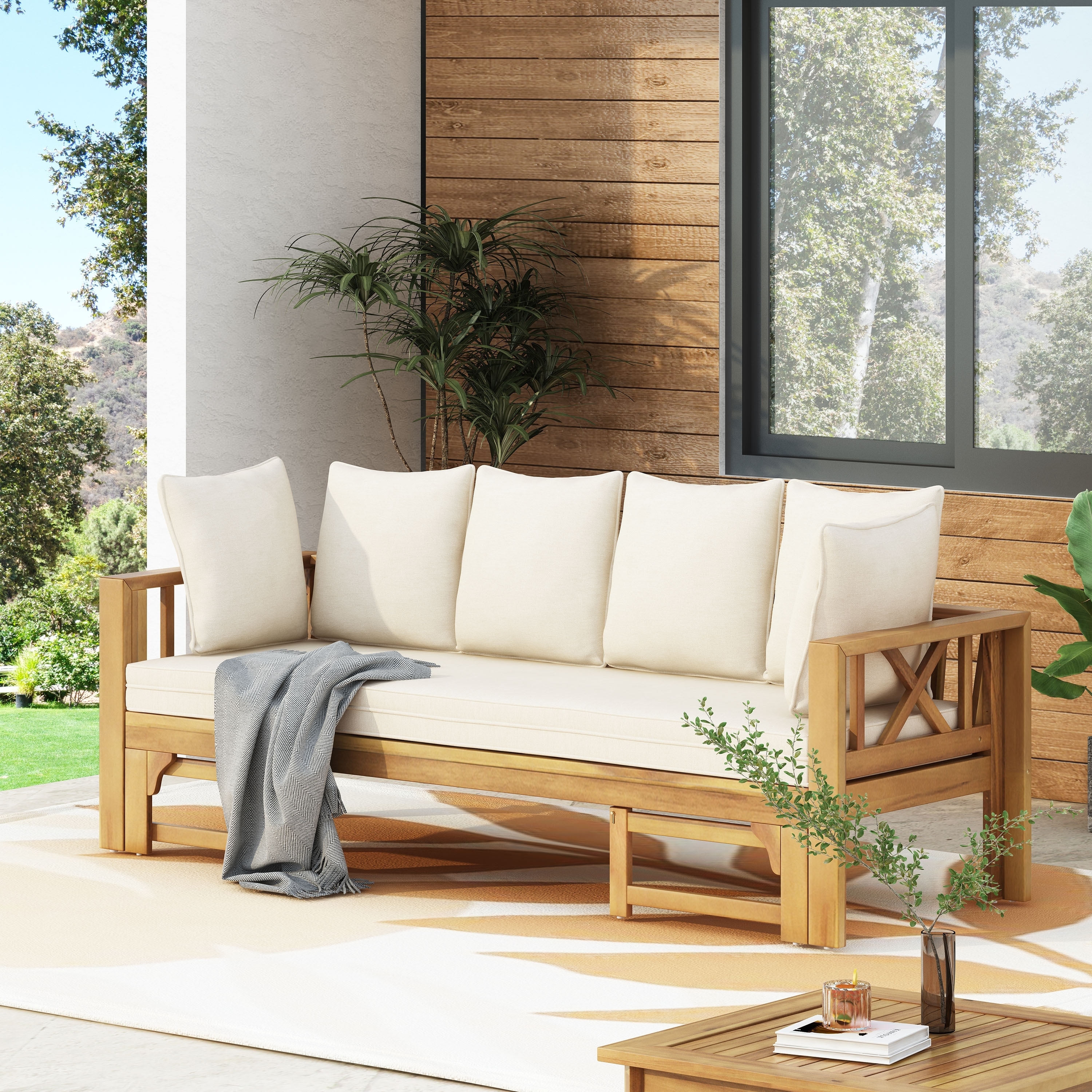 Outdoor Daybed Extendable Acacia Wood X-Frame Sofa