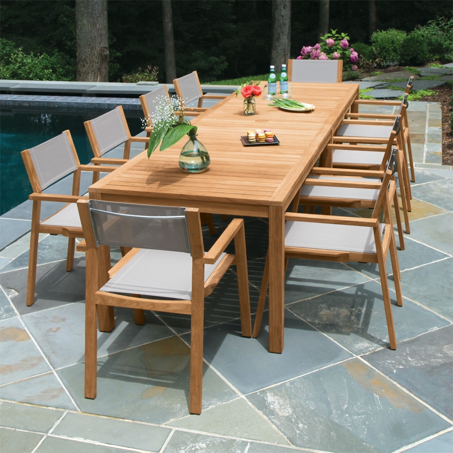 Outdoor Dining Set Teak 10 Ft Sling Mesh Seating Set