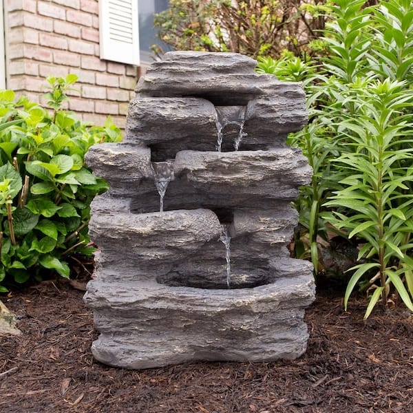 Outdoor Fountain: Stratified Rock Charcoal Gray Decor