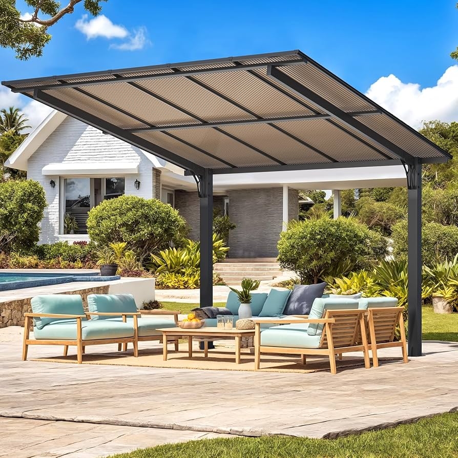 Outdoor Pergola with Slanted Hardtop and Charcoal Metal Frame