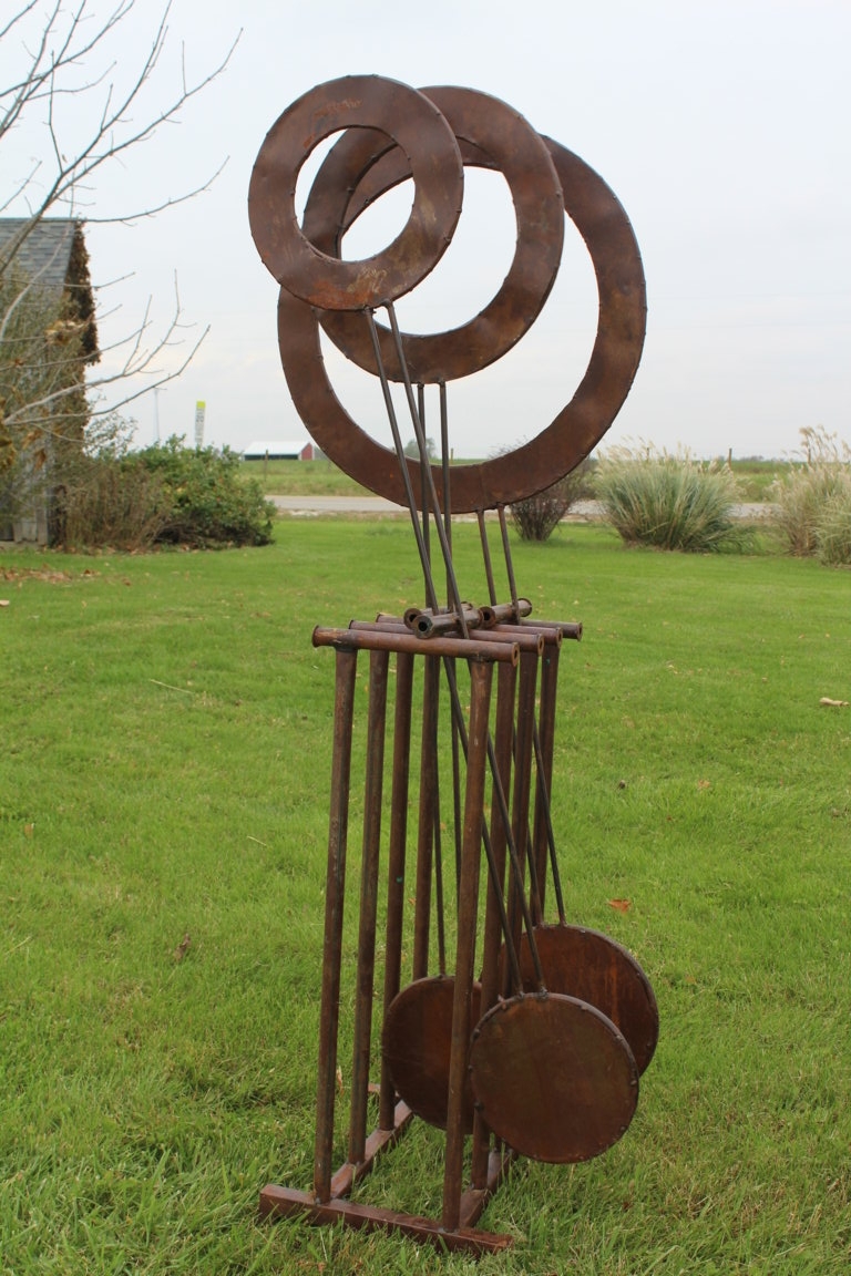 Outdoor Sculpture with Pendulum Discs Large Metal Yard Art