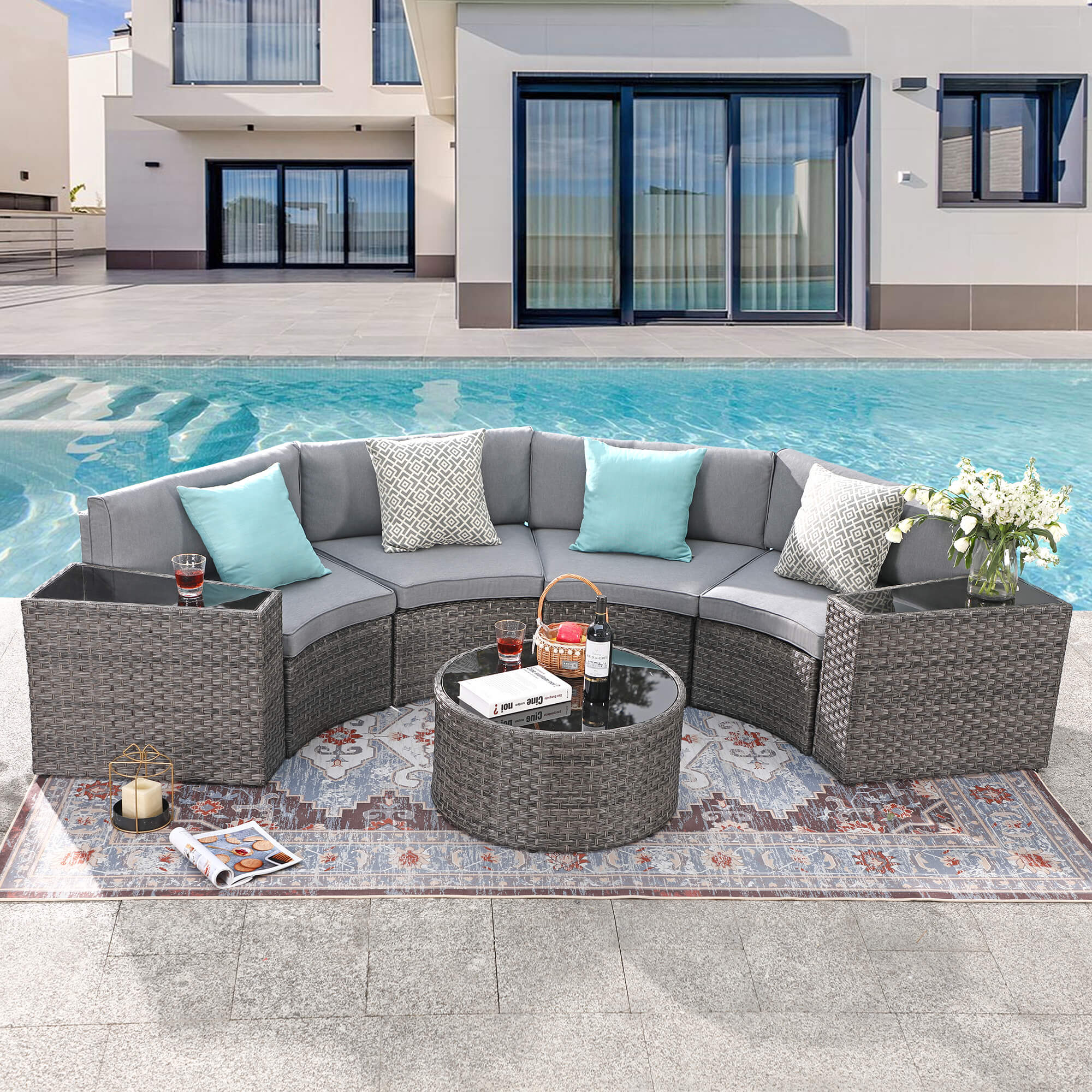 Outdoor Sectional: Heather Grey Synthetic Wicker Garden Lounge Sofa
