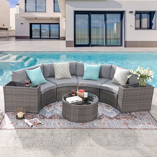 Outdoor Sectional: Heather Grey Synthetic Wicker Garden Lounge Sofa