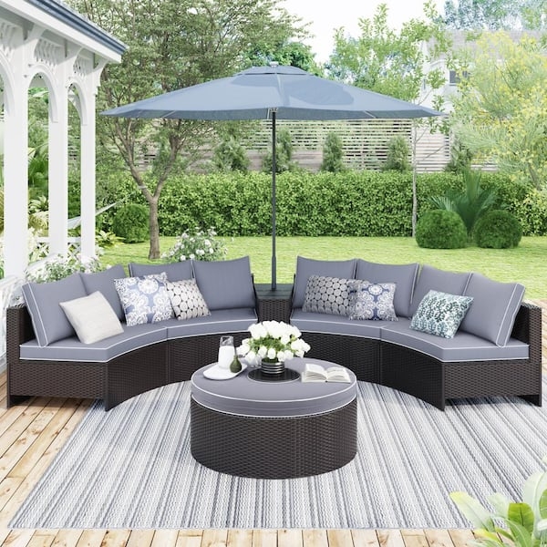 Outdoor Sectional Set: Center Umbrella Wedge Half Round Wicker Set