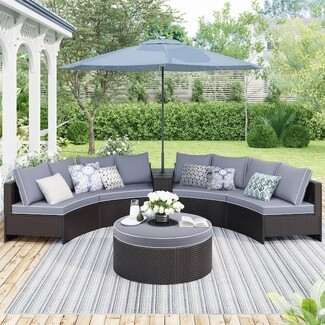 Outdoor Sectional Set: Center Umbrella Wedge Half Round Wicker Set