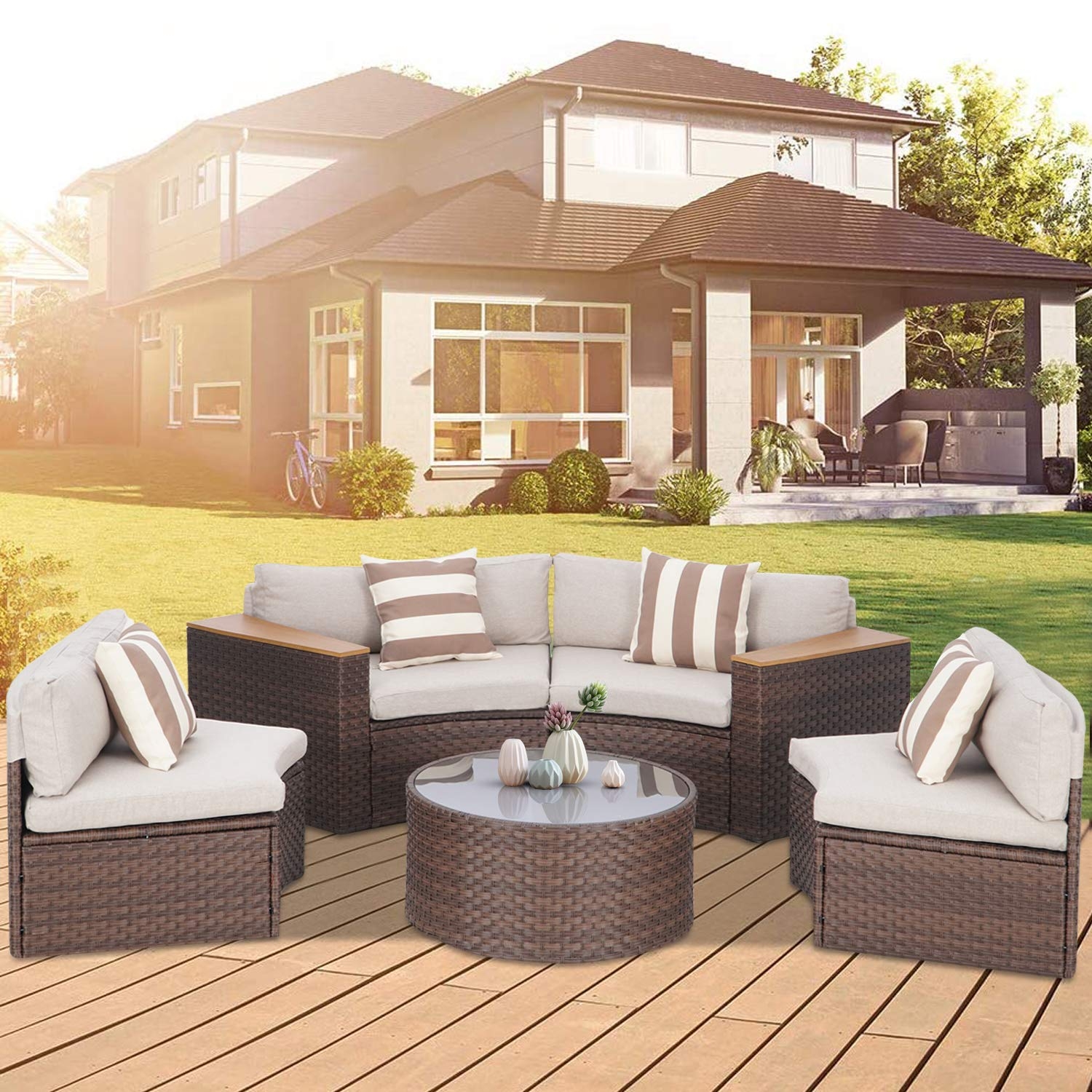 Outdoor Sectional Set: Curved Modular Design Dark Brown Patio Furniture