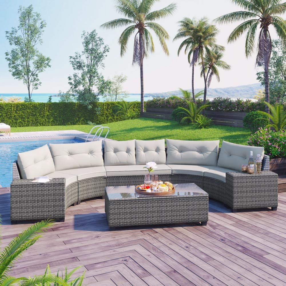 Outdoor Sectional Set: Gray Wicker Weave Tufted Beige Patio Cushions
