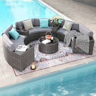 Outdoor Sectional Set: Half-Moon Shape Grey Rattan Poolside Furniture