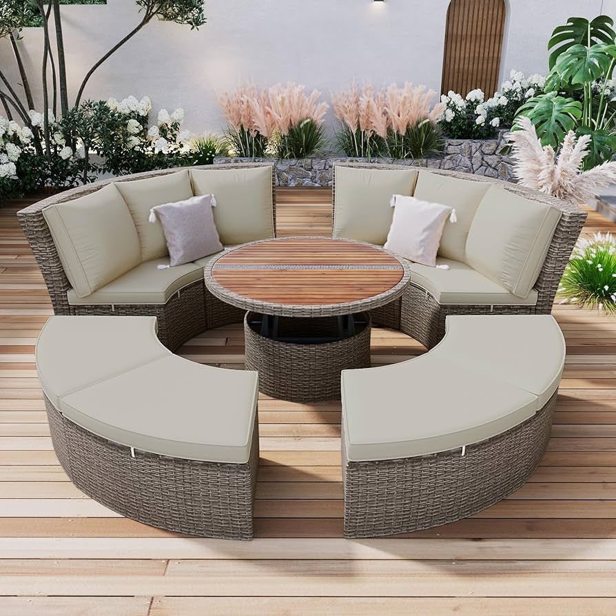 Outdoor Sectional Set: Liftable Table Modular Round Rattan Daybed