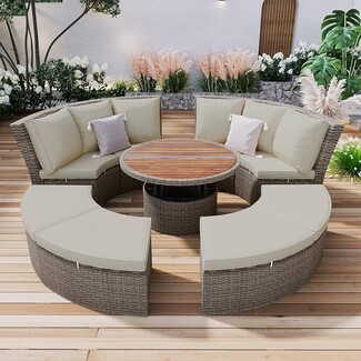 Outdoor Sectional Set: Liftable Table Modular Round Rattan Daybed
