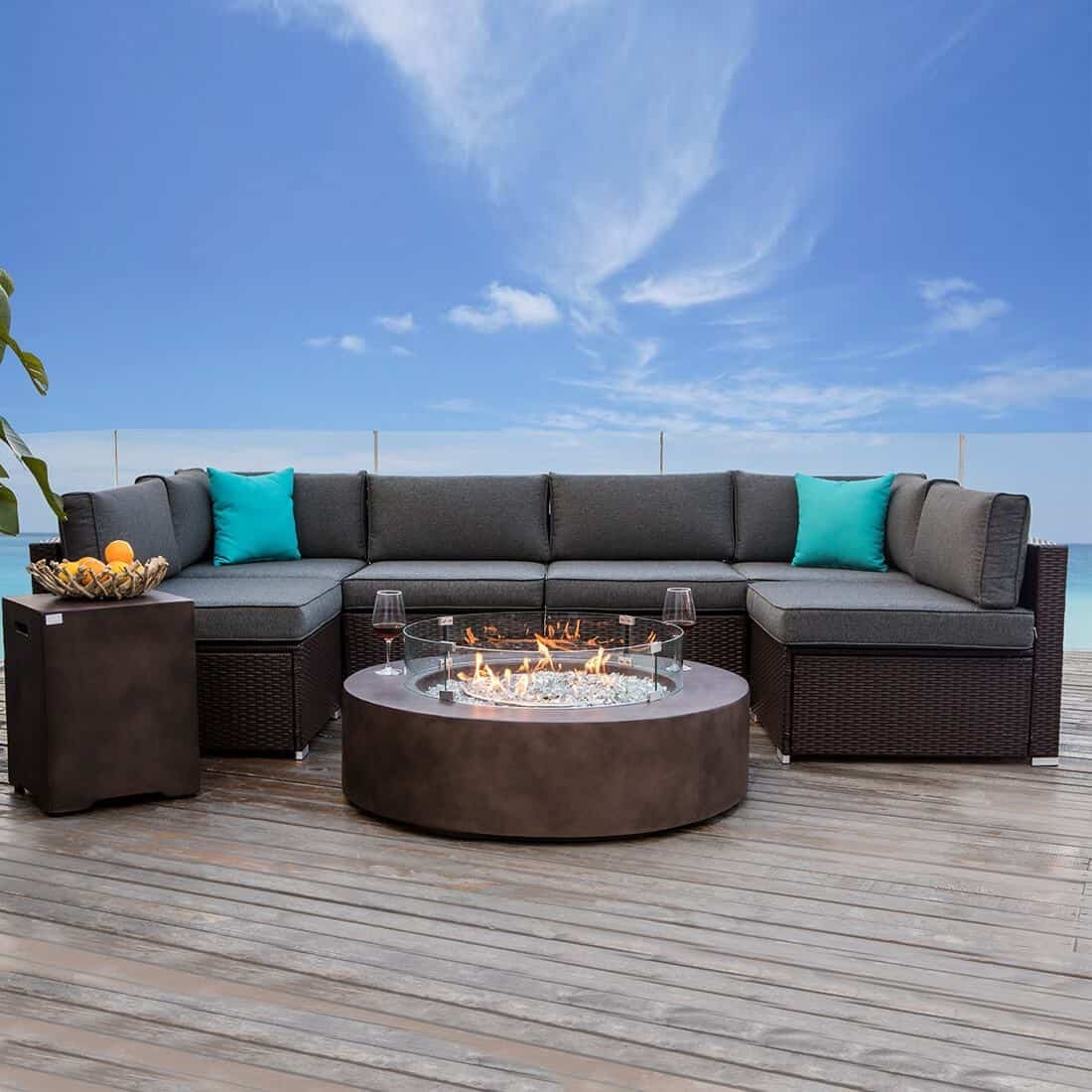 Outdoor Sectional Set: U-Shaped Layout with Circular Fire Pit Table