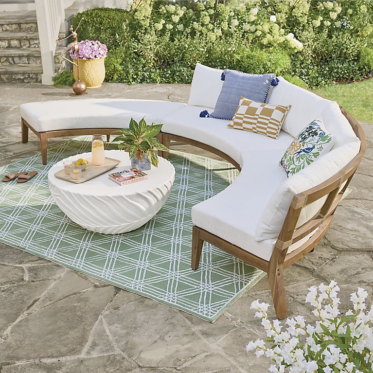 Outdoor Sectional: Slatted Wood Back Modular Curved Terrace Seating