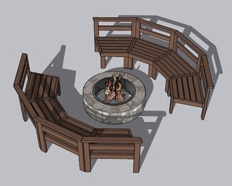 Outdoor Sectional: Walnut Wood Slatted Backrest Circular Fire Pit Set