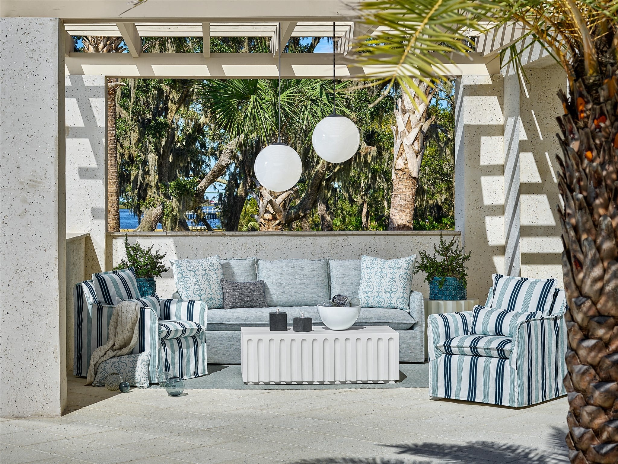 Outdoor Sofa Fluted Coffee Table Coastal Outdoor Slipcovered Sofa