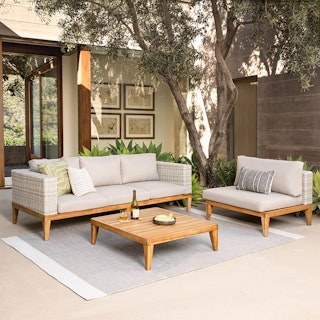 Outdoor Sofa Set with Woven Wicker Arms and Acacia Wood