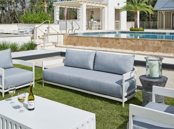 Outdoor Sofa with Slatted Sides and Dusty Blue Seating