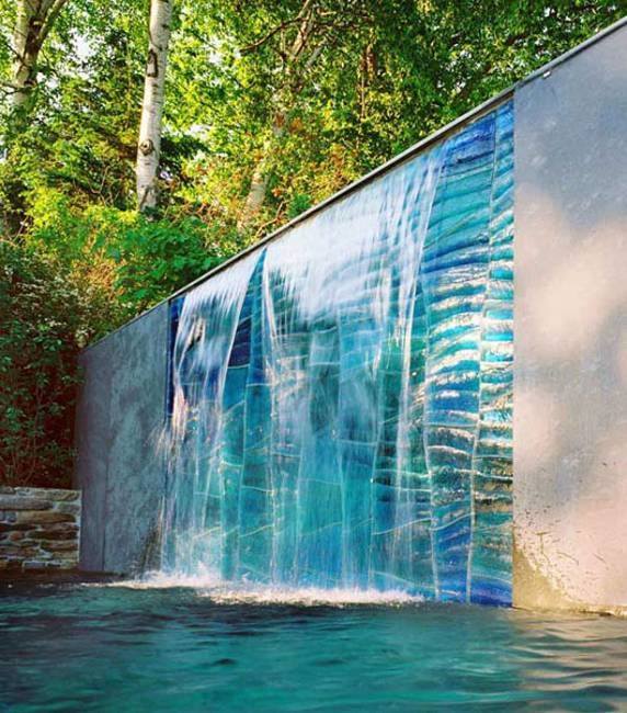 Outdoor Waterfall: Modern Blue Glass Wall Sheet Design