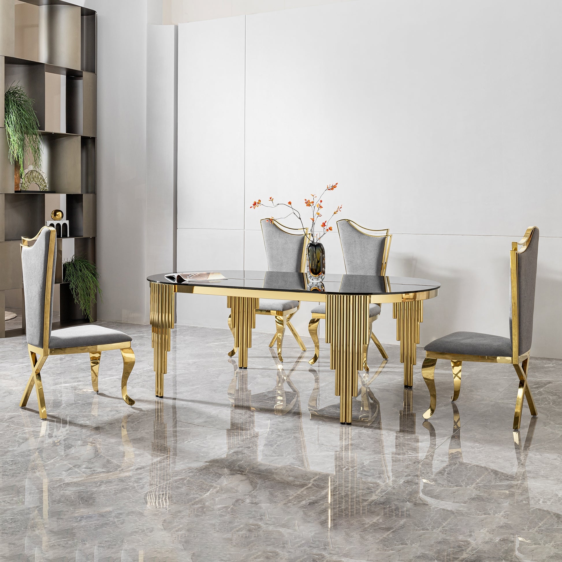 Oval Dining Table with Fluted Gold Base and Grey Upholstery