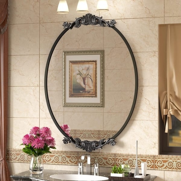 Oval Mirror: Ornate Scrollwork Matte Black Baroque Style