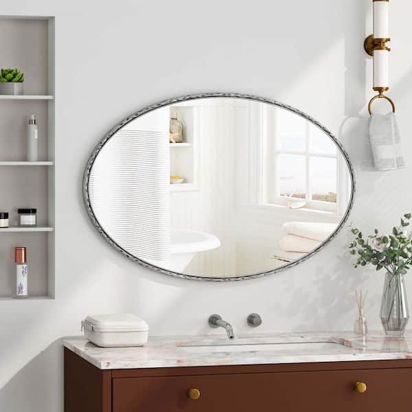 Oval Wall Mirror: Ribbed Silver Frame Horizontal Textured Edge