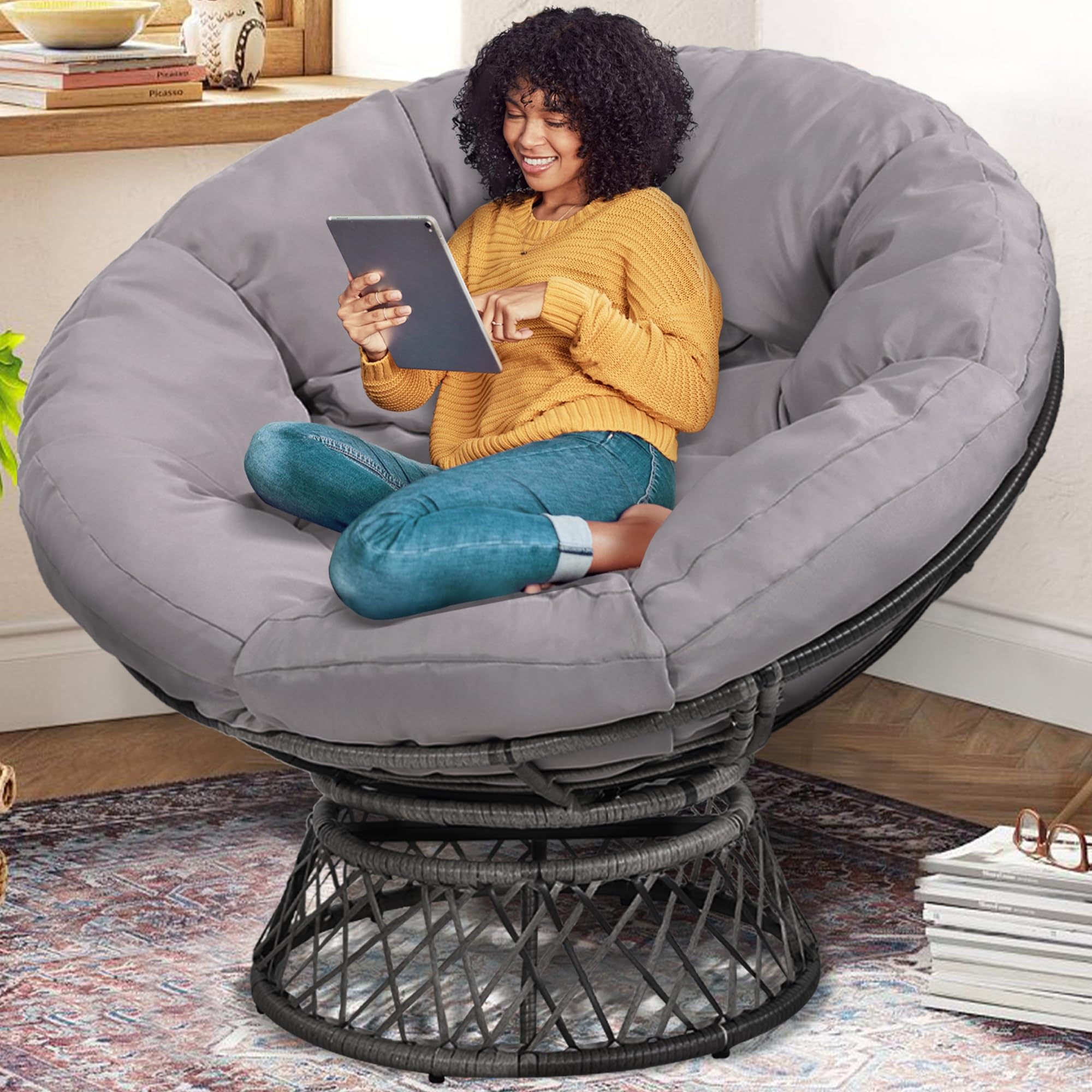 Papasan Chair Swivel Base Grey Rattan Reading Chair