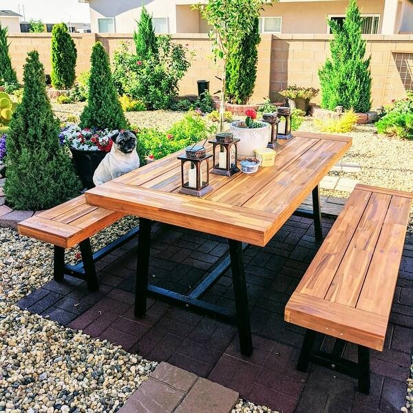 Patio Dining Set Slatted Wood Planks Black Metal Frame