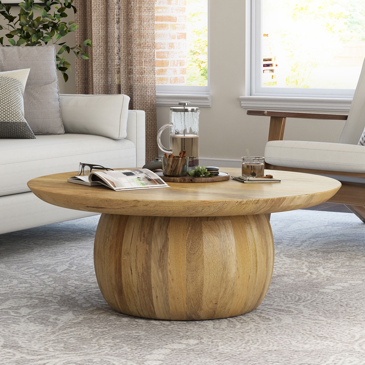Pedestal Coffee Table with Tapered Top Edge and Honey Oak
