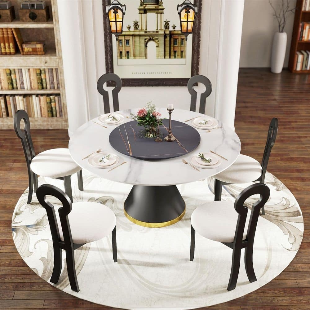 Pedestal Dining Set: Keyhole Chair Back and Gold Trim