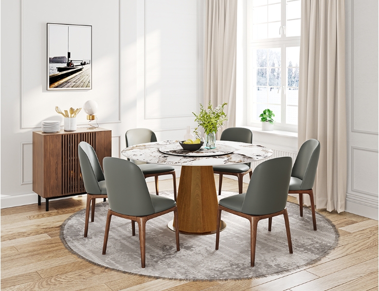 Pedestal Dining Table: Faceted Wood Base and Stone