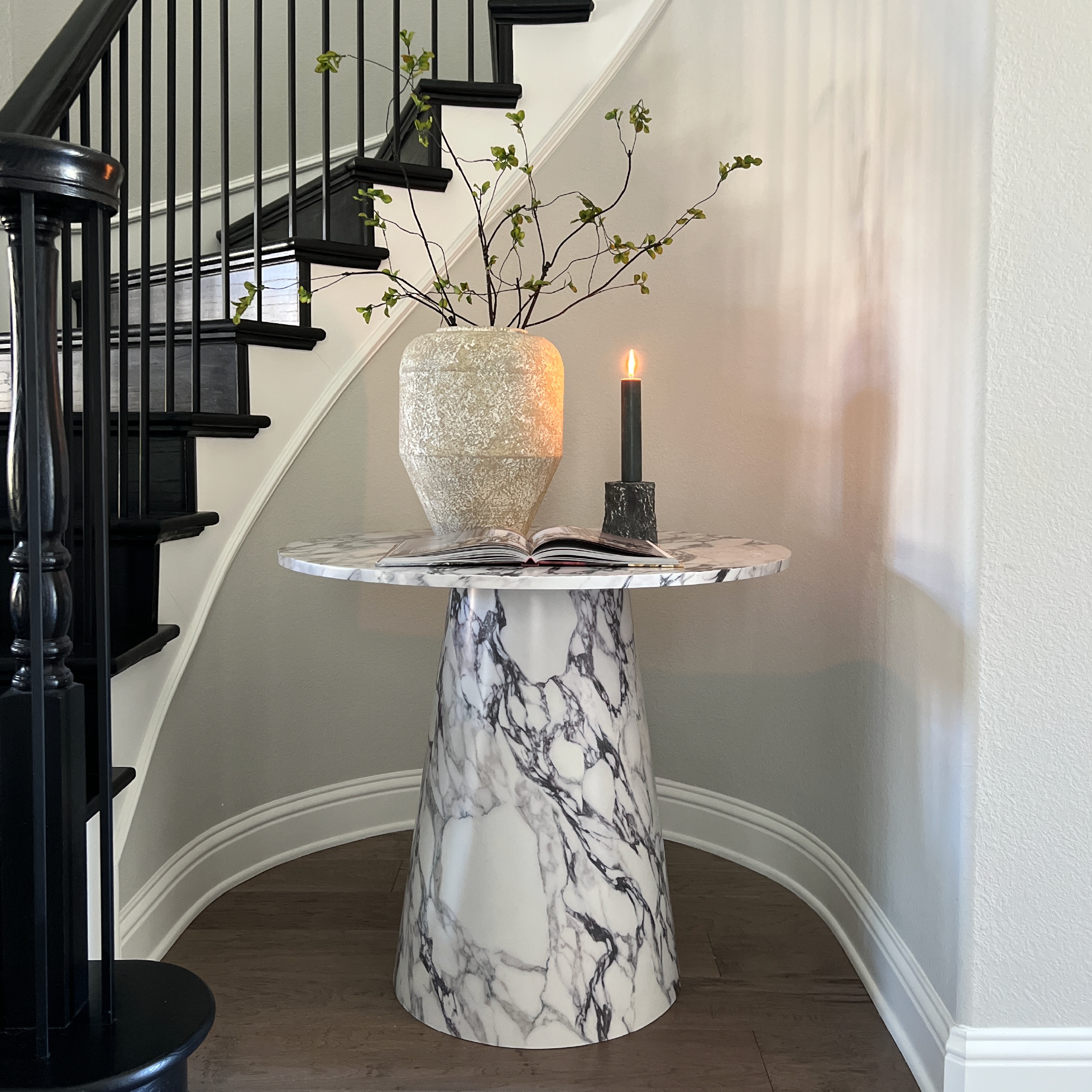 Pedestal Table Marble Look Heavy Veining Conical Base Round