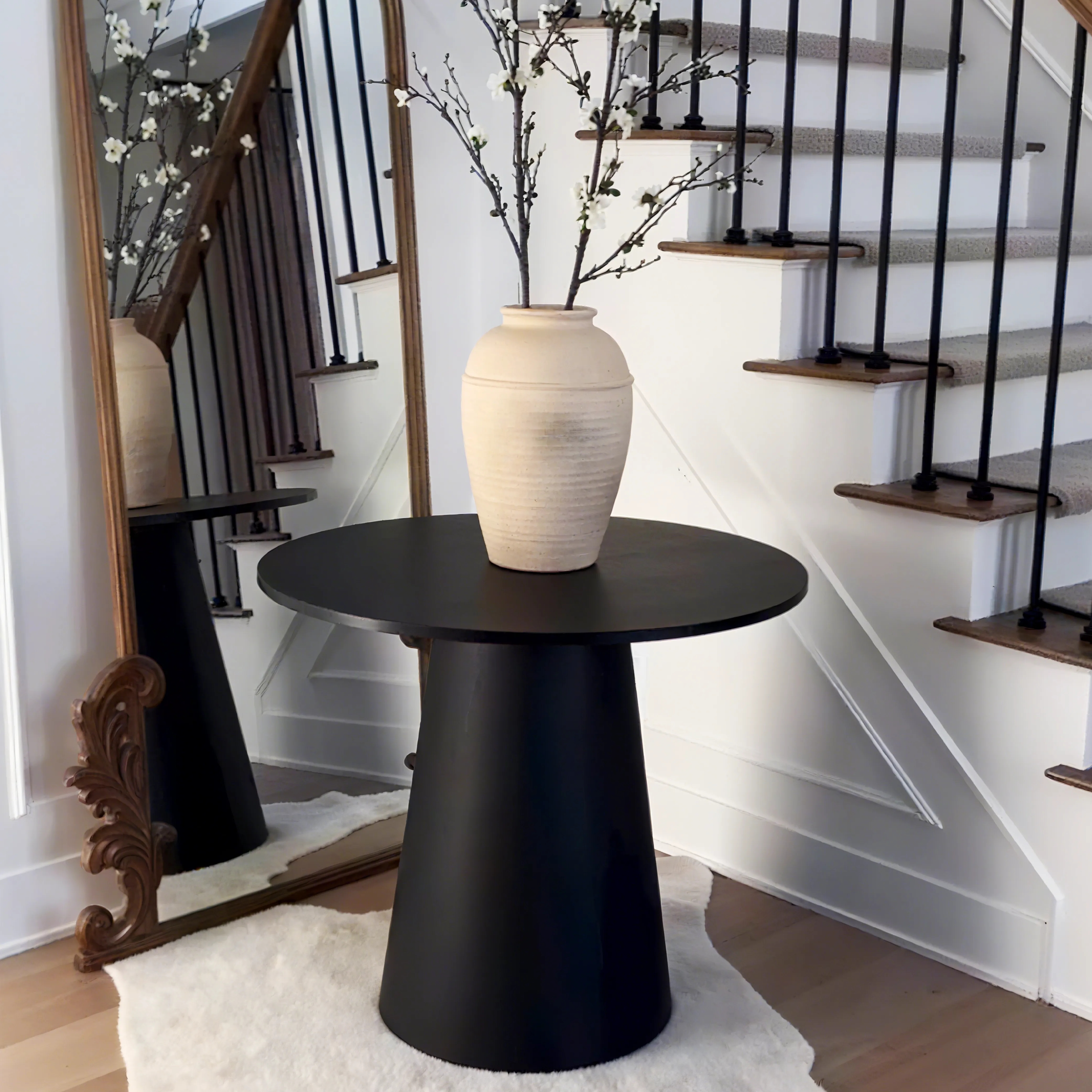 Pedestal Table Sculptural Form Matte Black Circular Console