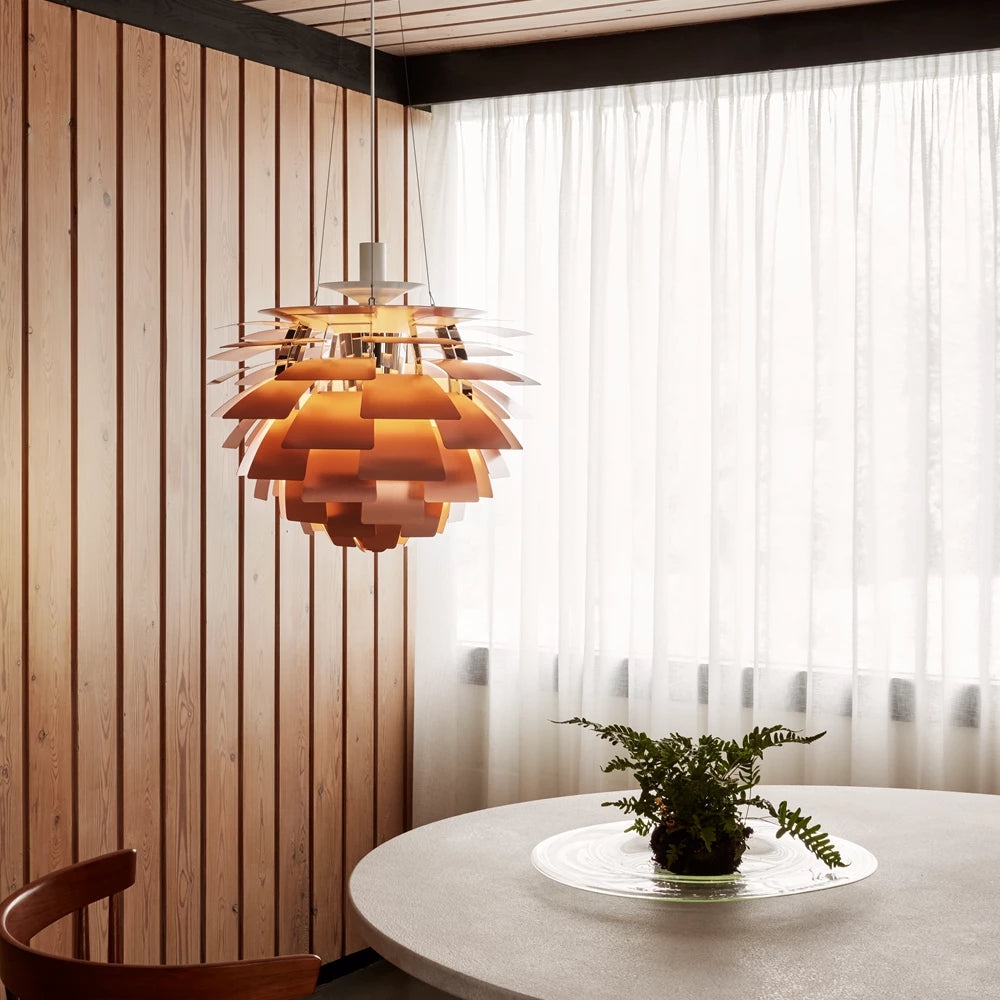 Pendant Light: Copper Leaf Shades on Vertical Wood Wall