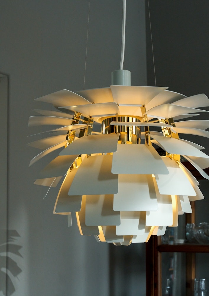Pendant Light: Dusty Green and Brass Artichoke Lamp