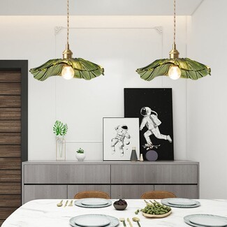 Pendant Light Emerald Green Ribbed Glass Leaf Shaped Shade
