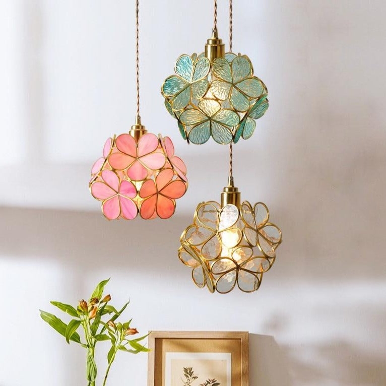 Pendant Light Flower Shaped Textured Glass Petal Cluster