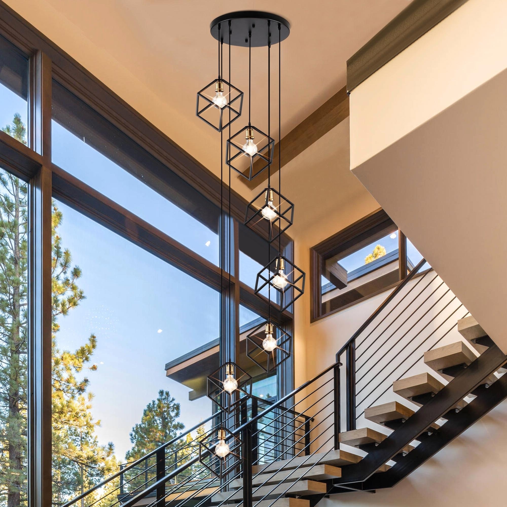 Pendant Light Geometric Cage with Staggered Cascade