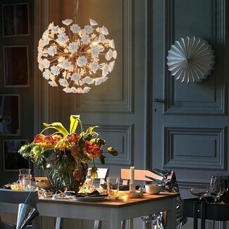Pendant Light Gold Sputnik Frame White Ceramic Flower Orb