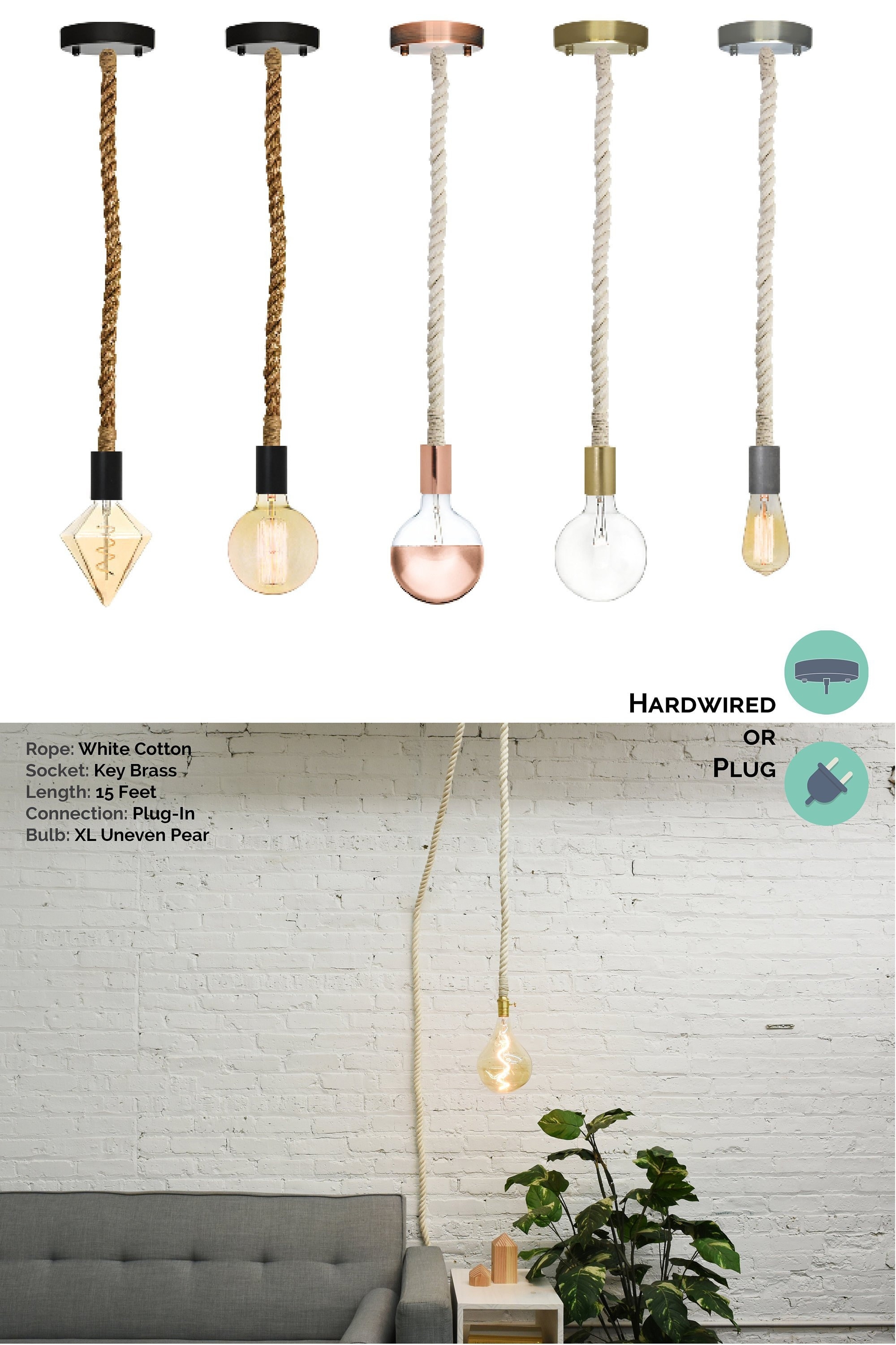 Pendant Light in Braided Cotton Rope with Swag Versatility