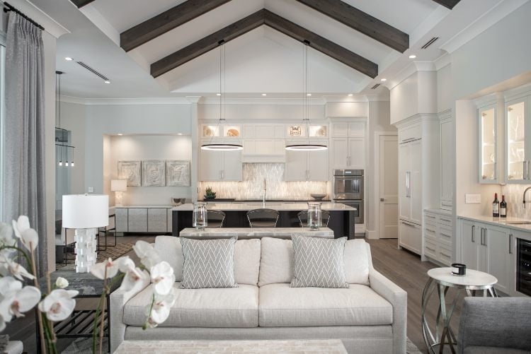 Pendant Light: modern kitchen halo pendants on dark beams