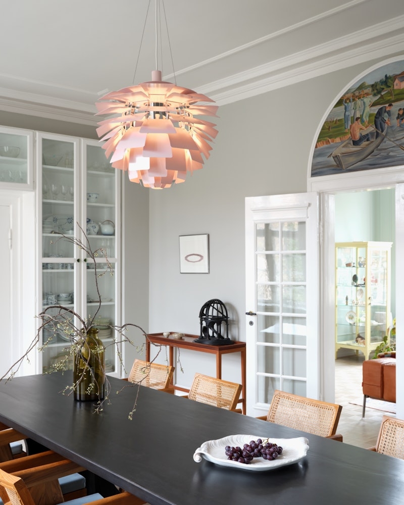 Pendant Light: Pale Rose Finish with Cane Back Chairs