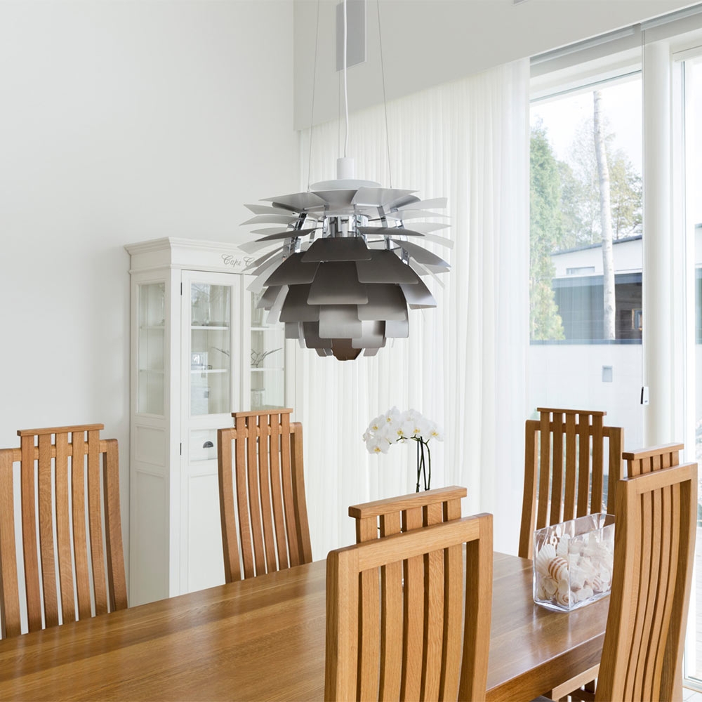 Pendant Light: Slatted Backs and Scandinavian Wood Dining